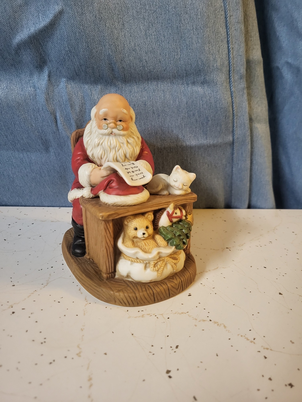 Homco Santa Figurine with Teddy and Cat in Red and Cream